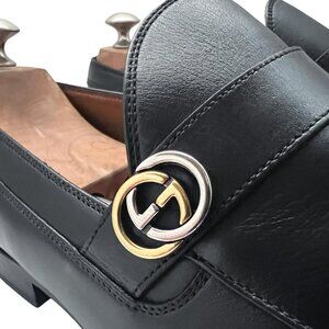 $1090 Gucci Mens GG Black Dress Shoes Silver Gold Bit Loafers US 9.5 / UK 9 / 43